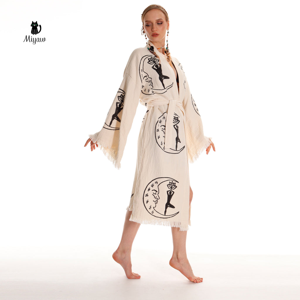Boho Cotton Kimono Robe – Yoga Girl & Moon Stamp, Organic Loungewear